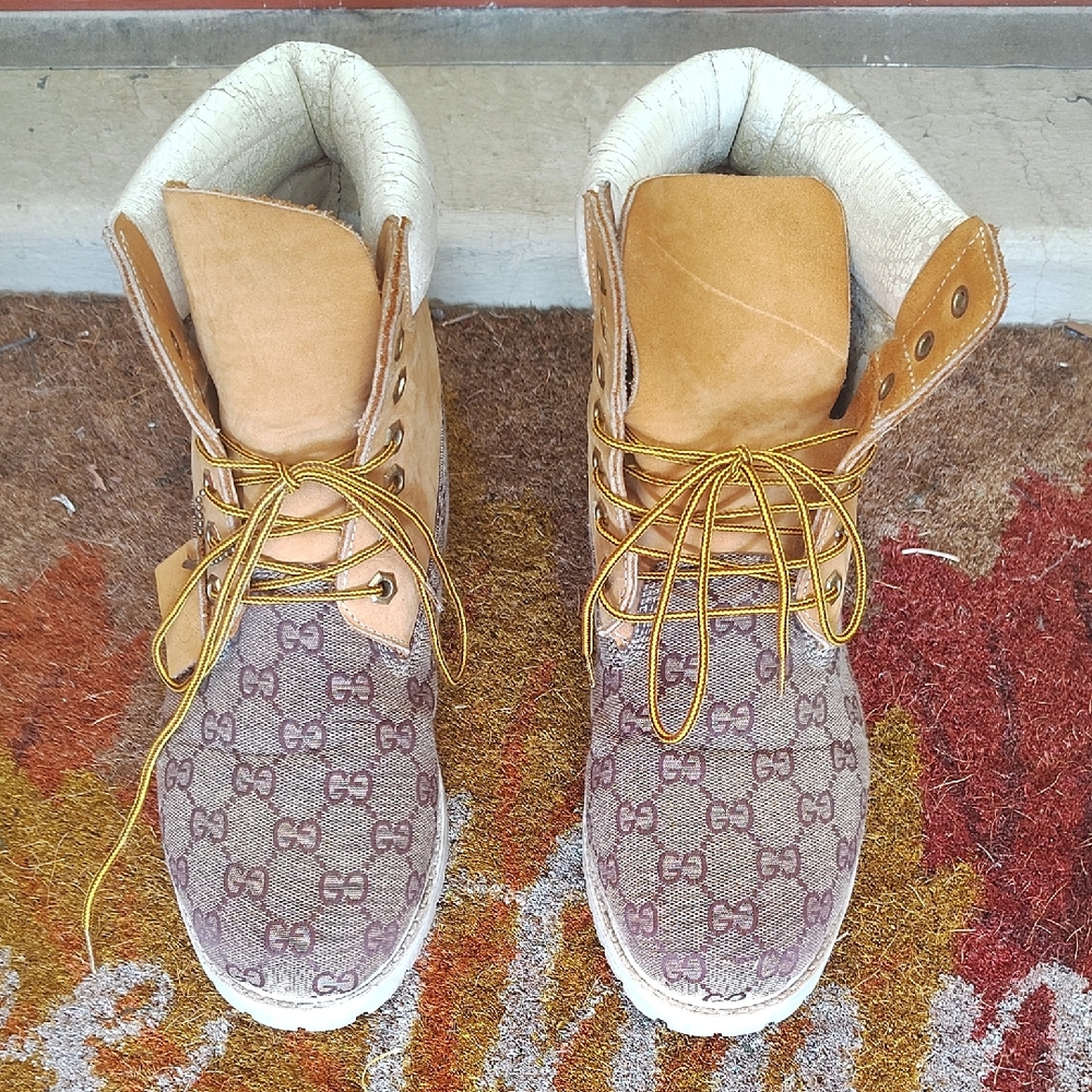 Rare custom made Timberland boots with Gucci Brown and Tan Patterned Boots!